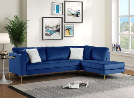 Catalina Blue Modern Contemporary Velvet Gold Metal Legs Sectional - Ella Furniture