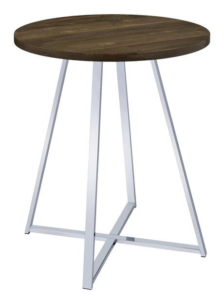 Burkhart Sled Base Round Bar Table Brown Oak And Chrome - Ella Furniture