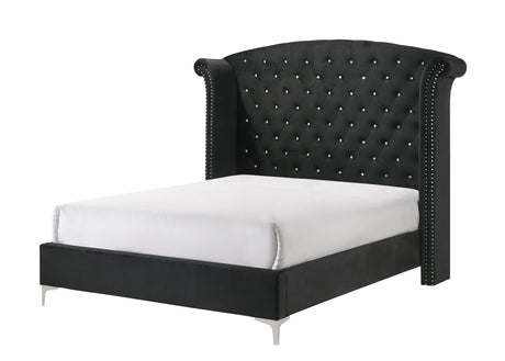 Lucinda Black Modern And Classic Wood Velvet Wingback Upholstered Tufted King Panel Bed - Ella Furniture