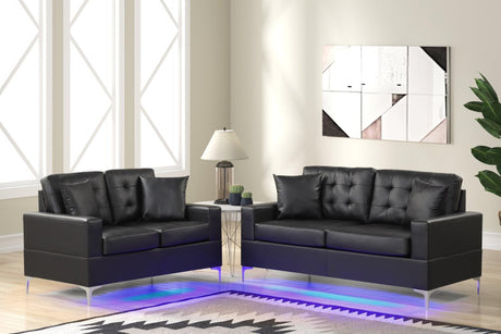Miami Black Modern Contemporary Faux Leather PU Tufted 2Pc Sofa & Loveseat Set (Led Lights) - Ella Furniture