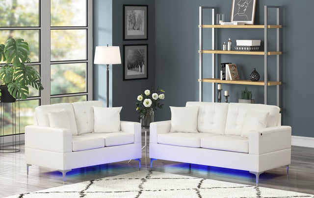 Miami White Modern Contemporary Faux Leather Tufted 2Pc Sofa & Loveseat Set (Led Lights) - Ella Furniture