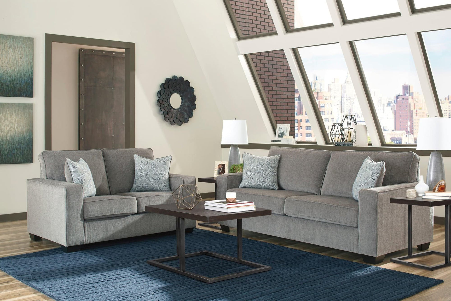 Ashley Altari Alloy Gray Modern Sleek Contemporary Fabric Polyester Upholstered Sofa & Loveseat Set - Ella Furniture