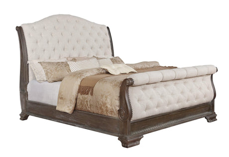 Sheffield Antique Gray Modern Wood Queen Fabric Upholstered Tufted Sleigh Bed - Ella Furniture