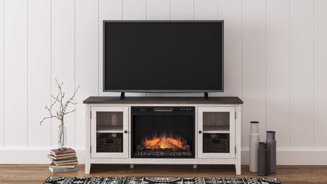 Dorrinson Antique White Modern Transitional Wood TV Stand With Storage With Glass Doors With Fireplace - Ella Furniture