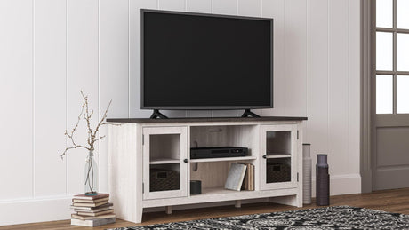 Dorrinson Antique White Modern Transitional Wood TV Stand With Storage With Glass Doors - Ella Furniture