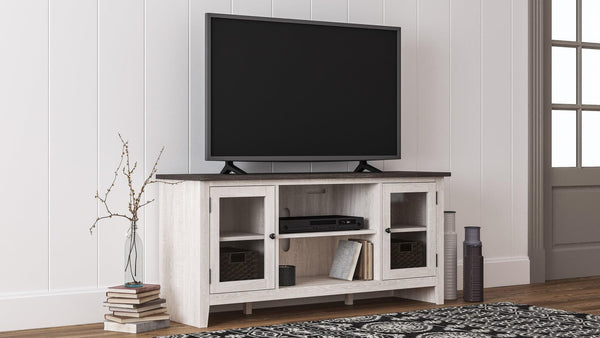 Dorrinson Antique White Modern Transitional Wood TV Stand With Storage With Glass Doors - Ella Furniture