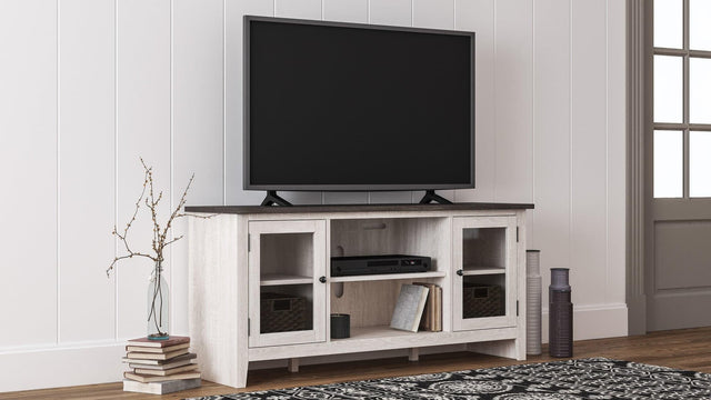 Dorrinson Antique White Modern Transitional Wood TV Stand With Storage With Glass Doors - Ella Furniture