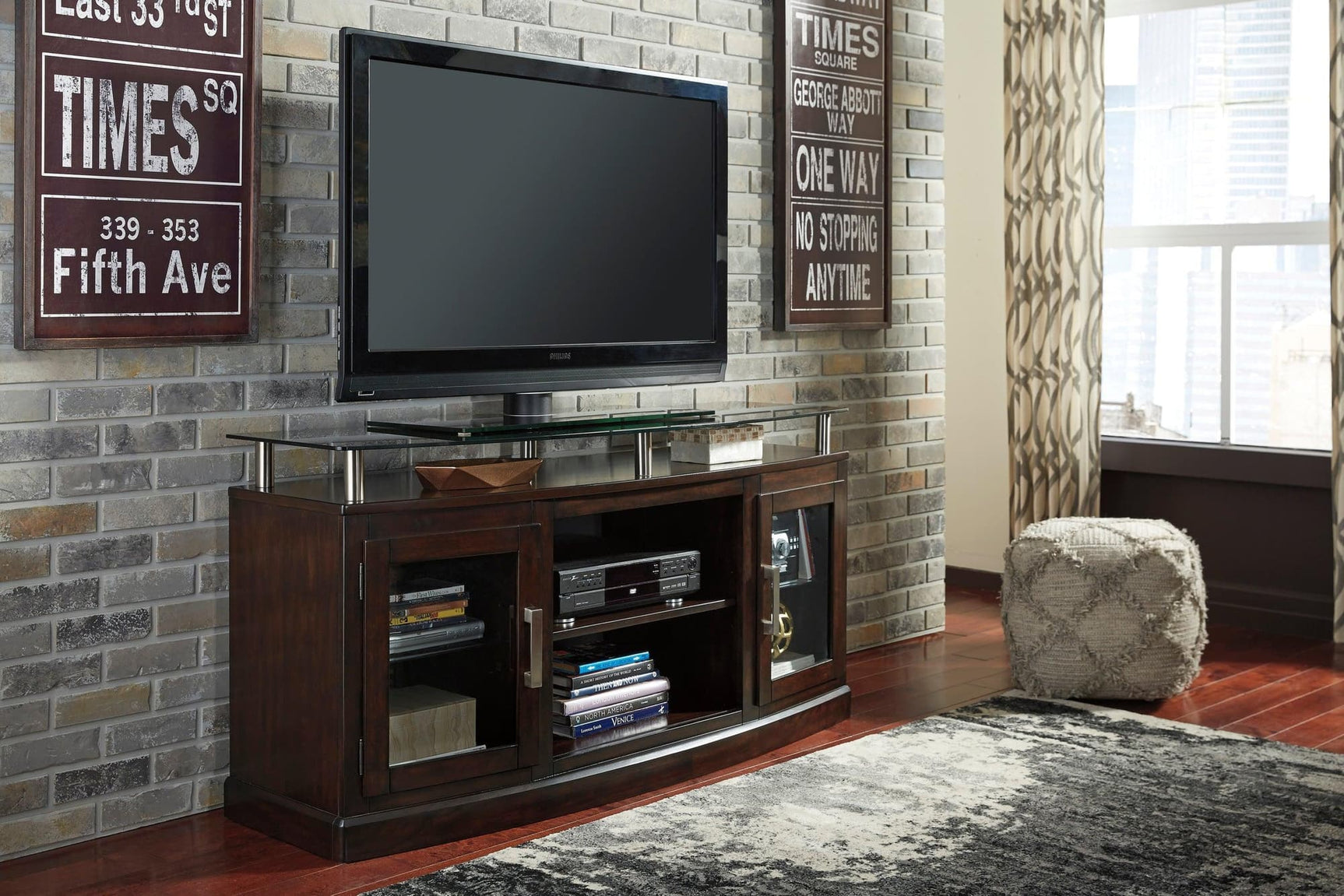 Chanceen Dark Brown Modern Contemporary Rustic Solid Wood TV Stand With Cabinet Glass Doors - Ella Furniture