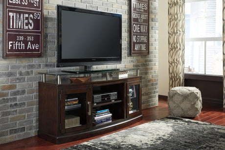 Chanceen Dark Brown Modern Contemporary Rustic Solid Wood TV Stand With Cabinet Glass Doors - Ella Furniture