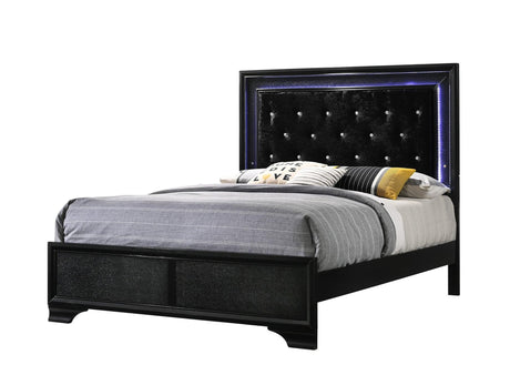 Micah Black Modern, Sleek And Contemporary Wood Queen LED Velvet Upholstered Tufted Panel Bed - Ella Furniture