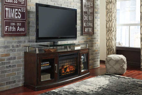 Chanceen Dark Brown Modern Contemporary Rustic Solid Wood TV Stand With Cabinet Glass Doors With Fireplace - Ella Furniture