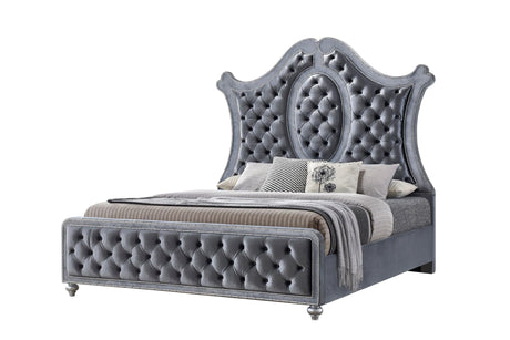 Cameo Gray Traditional And Contemporary Metal And Wood Faux Leather Upholstered Tufted Queen Panel Bed - Ella Furniture