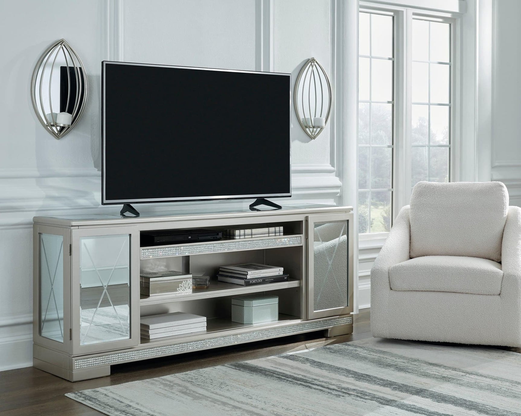 Flamory Silver Modern Contemporary Faux Crystal TV Stand With Cabinet Mirror Glass Doors - Ella Furniture