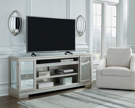 Flamory Silver Modern Contemporary Faux Crystal TV Stand With Cabinet Mirror Glass Doors - Ella Furniture