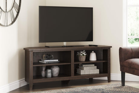 Camiburg Brown Modern Transitional Wood Corner TV Stand With Storage - Ella Furniture