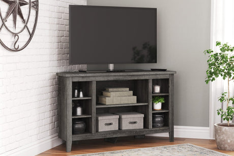Arlenbry Large Gray Modern Transitional Solid Wood Corner TV Stand with Cabinet - Ella Furniture