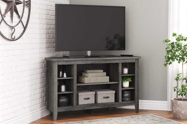 Arlenbry Large Gray Modern Transitional Solid Wood Corner TV Stand with Cabinet - Ella Furniture