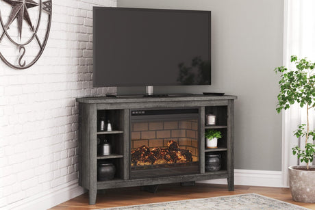 Arlenbry Large Gray Modern Transitional Solid Wood Corner TV Stand with Cabinet With Fireplace - Ella Furniture