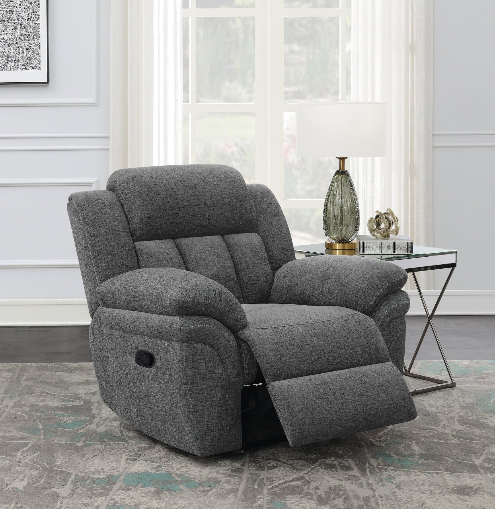 Bahrain Upholstered Glider Recliner Charcoal - Ella Furniture