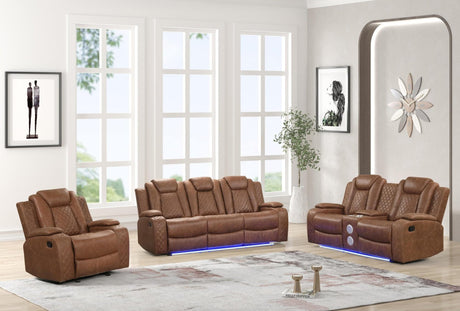 Luz Tan Modern Sleek Contemporary Faux Leather Polyester 3Pc Reclining Set - Ella Furniture