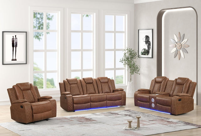 Luz Tan Modern Sleek Contemporary Faux Leather Polyester 3Pc Reclining Set - Ella Furniture