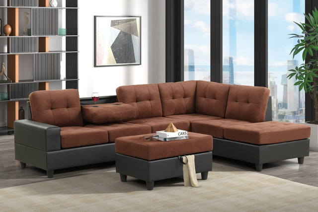Pu6-heights Brown Modern Contemporary Velvet Tufted Reversible Sectional + Ottoman Set - Ella Furniture