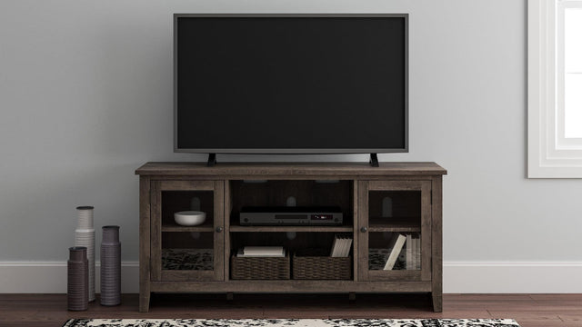 Arlenbry Gray Modern Transitional Wood TV Stand With Storage With Glass Doors - Ella Furniture