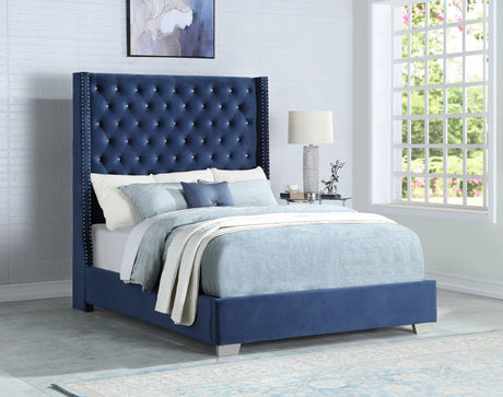 HH327 Blue Modern Traditional Solid Wood Velvet Upholstered Tufted King Bed - Ella Furniture