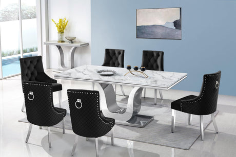 Dana Black Modern Contemporary Metal Genuine Marble Tufted Velvet Dining Table + 6 Chair Set - Ella Furniture