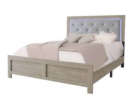 Jaylen Cream Finish Modern LED Faux Leather Upholstered Tufted Queen Panel Bed - Ella Furniture