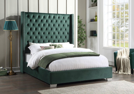 Green Modern Contemporary Solid Wood Velvet 6Ft Tall Upholstered Tufted Platform King Bed - Ella Furniture