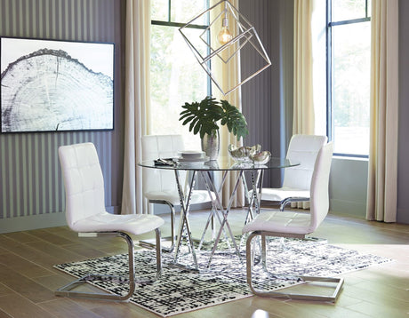 Ashley Chrome/White Modern Contemporary Glass Faux Leather Crystal Round 5Pc Dining Set - Ella Furniture