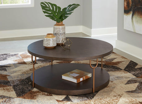 Dark Brown/Gold Modern Metal Tubular Legs With Antiqued Goldtone Round Cocktail Table - Ella Furniture