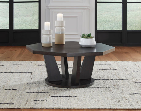 Dark Brown Modern Contemporary Mango Wood Veneer Octagonal Trapezoid Cocktail Table - Ella Furniture