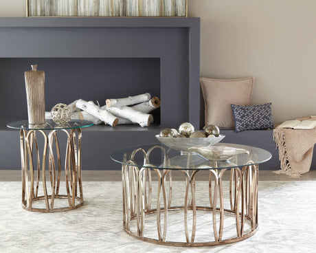 Monett Round End Table Chocolate Chrome And Clear - Ella Furniture