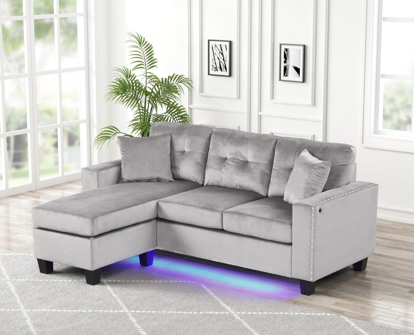 Messi Grey Modern Contemporary Solid Wood Velvet Upholstered Tufted Reversible Sectional - Ella Furniture