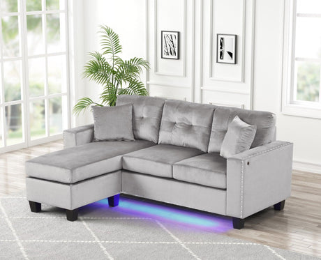 Messi Grey Modern Contemporary Solid Wood Velvet Upholstered Tufted Reversible Sectional - Ella Furniture