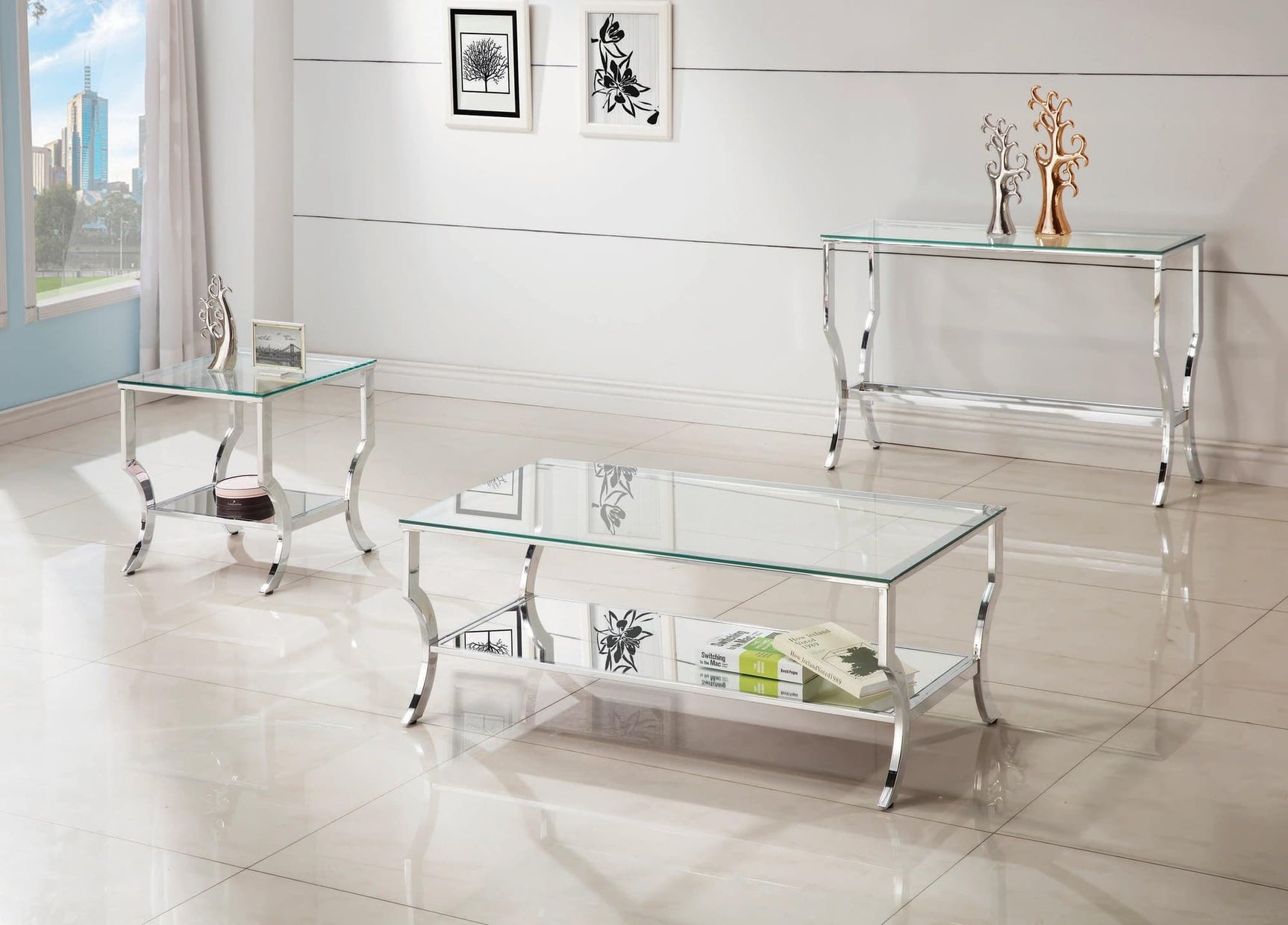 Saide Rectangular Coffee Table With Mirrored Shelf Chrome - Ella Furniture