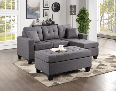 Naomi Grey Solid Wood Linen Fabric Upholstered Tufted Reversible Sectional & Ottoman - Ella Furniture