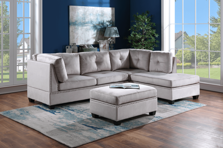Sienna Silver Contemporary Solid Wood Velvet Upholstered Tufted Sectional + Ottoman Set - Ella Furniture