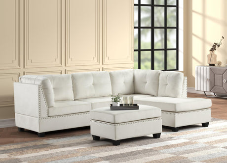 Sienna Beige Contemporary Solid Wood Velvet Upholstered Tufted Sectional + Ottoman Set - Ella Furniture