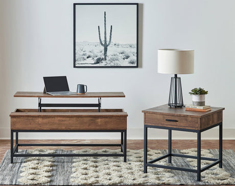 Byers Black Coffee Table With Hidden Storage Brown Oak And Sandy Black - Ella Furniture