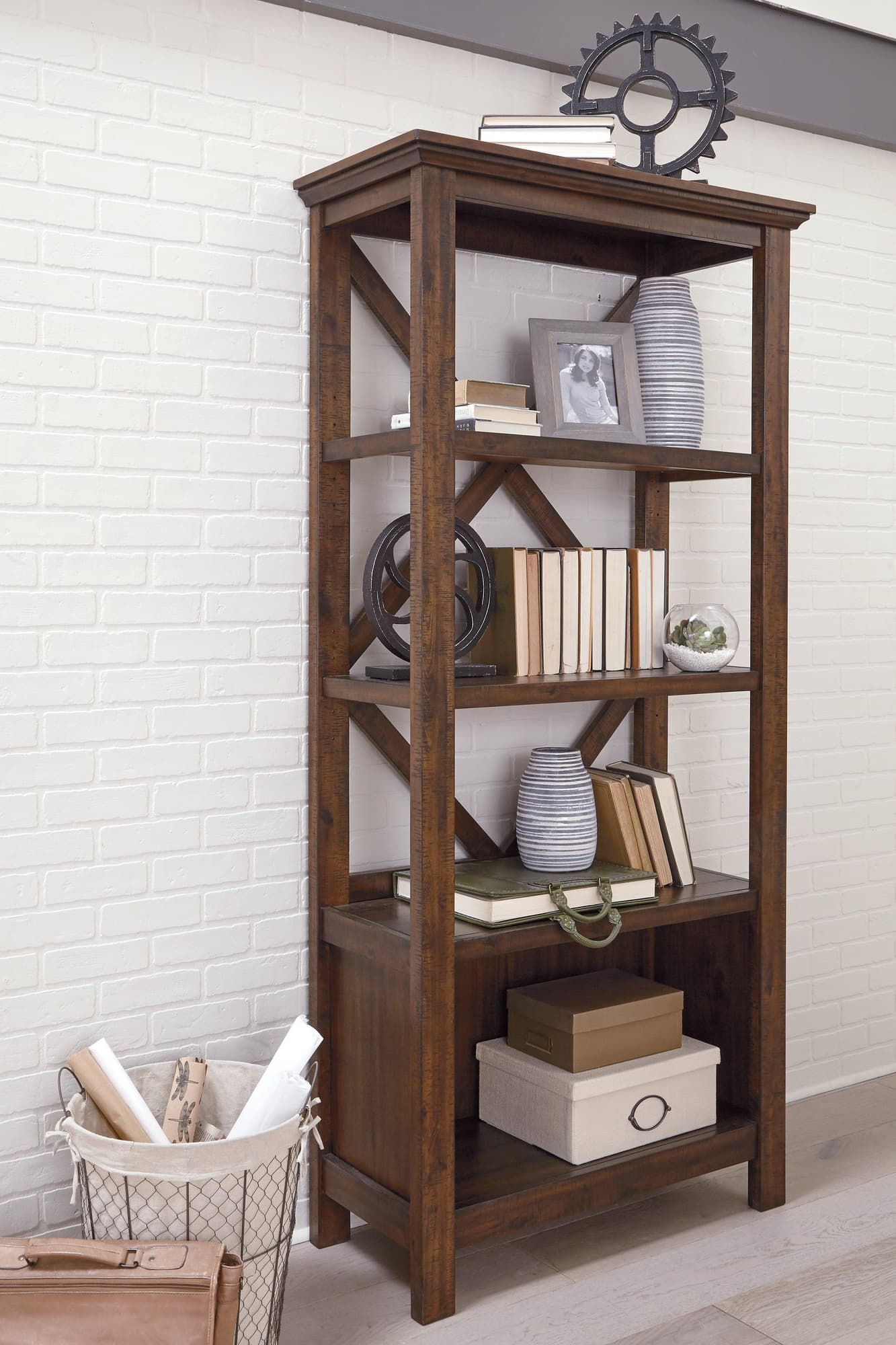 Baldridge Rustic Brown 75" Bookcase - Ella Furniture