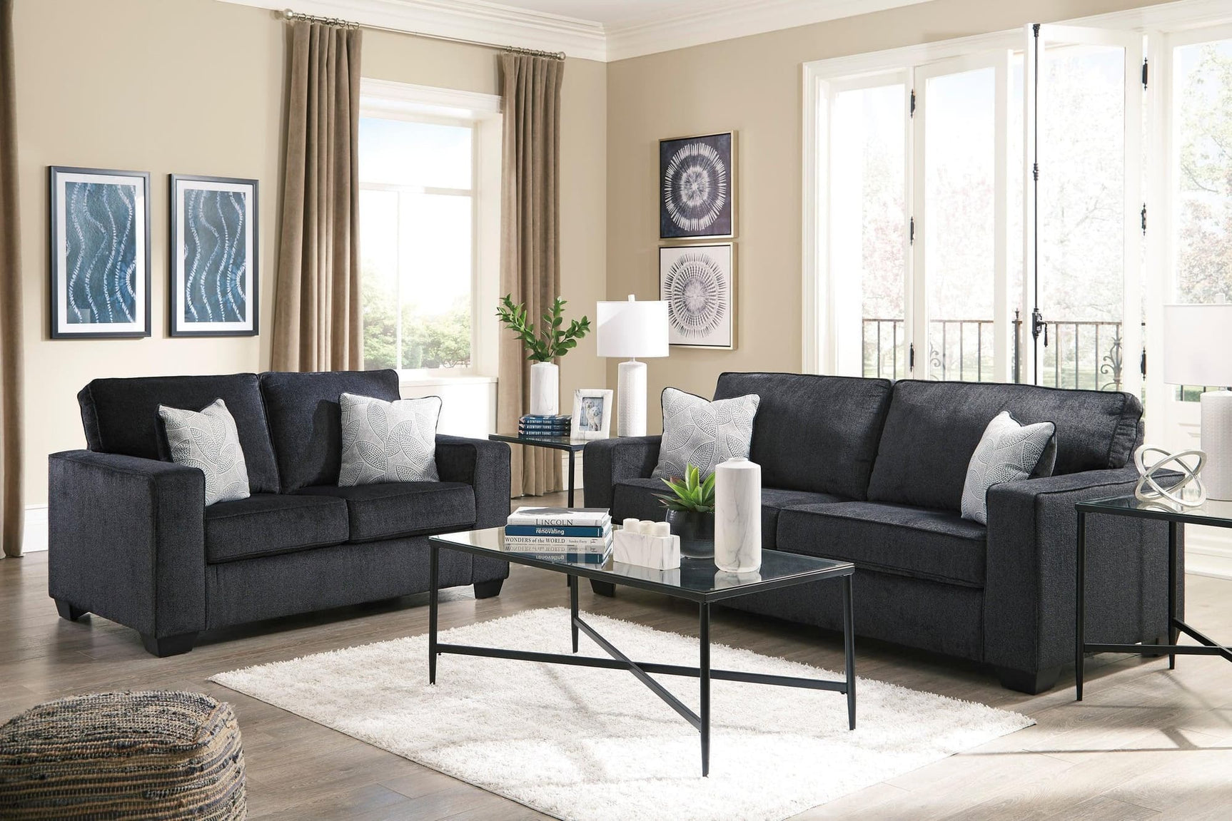 Ashley Slate Modern Contemporary Solid Wood Fabric Upholstered Sofa & Loveseat Set - Ella Furniture