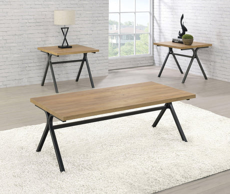 Colmar 3-Piece Trestle Occasional Table Set Golden Oak And Gunmetal - Ella Furniture