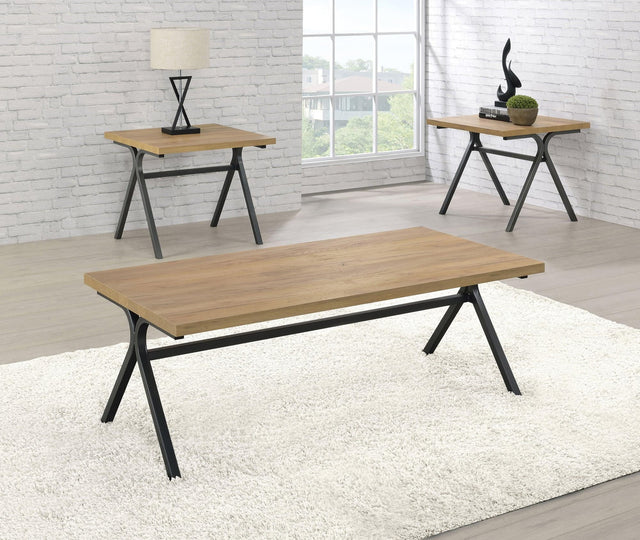 Colmar 3-Piece Trestle Occasional Table Set Golden Oak And Gunmetal - Ella Furniture
