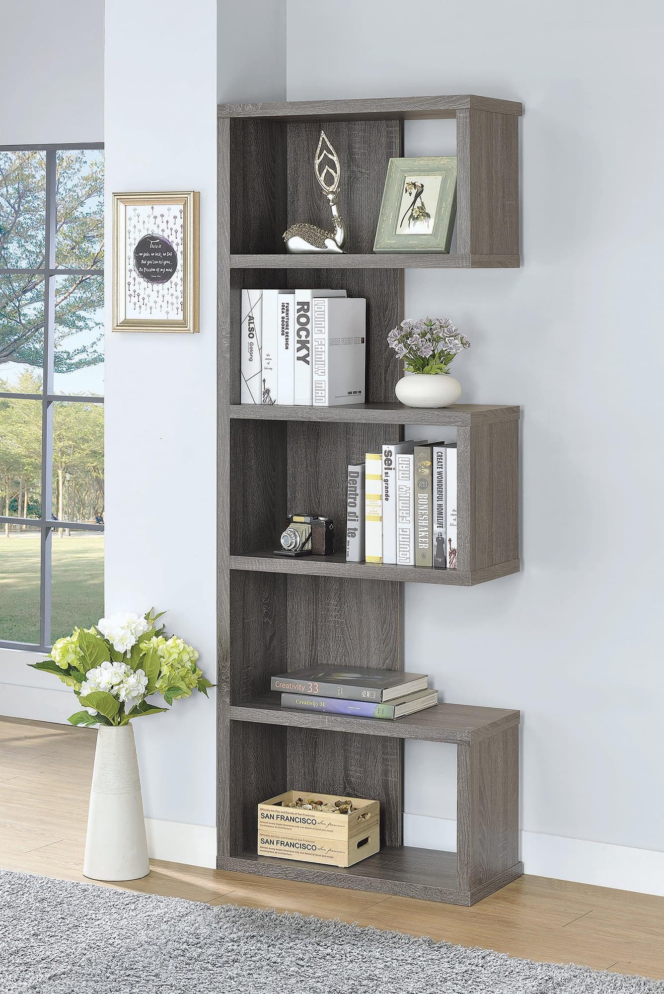Joey 5-Tier Bookcase Weathered Grey - Ella Furniture