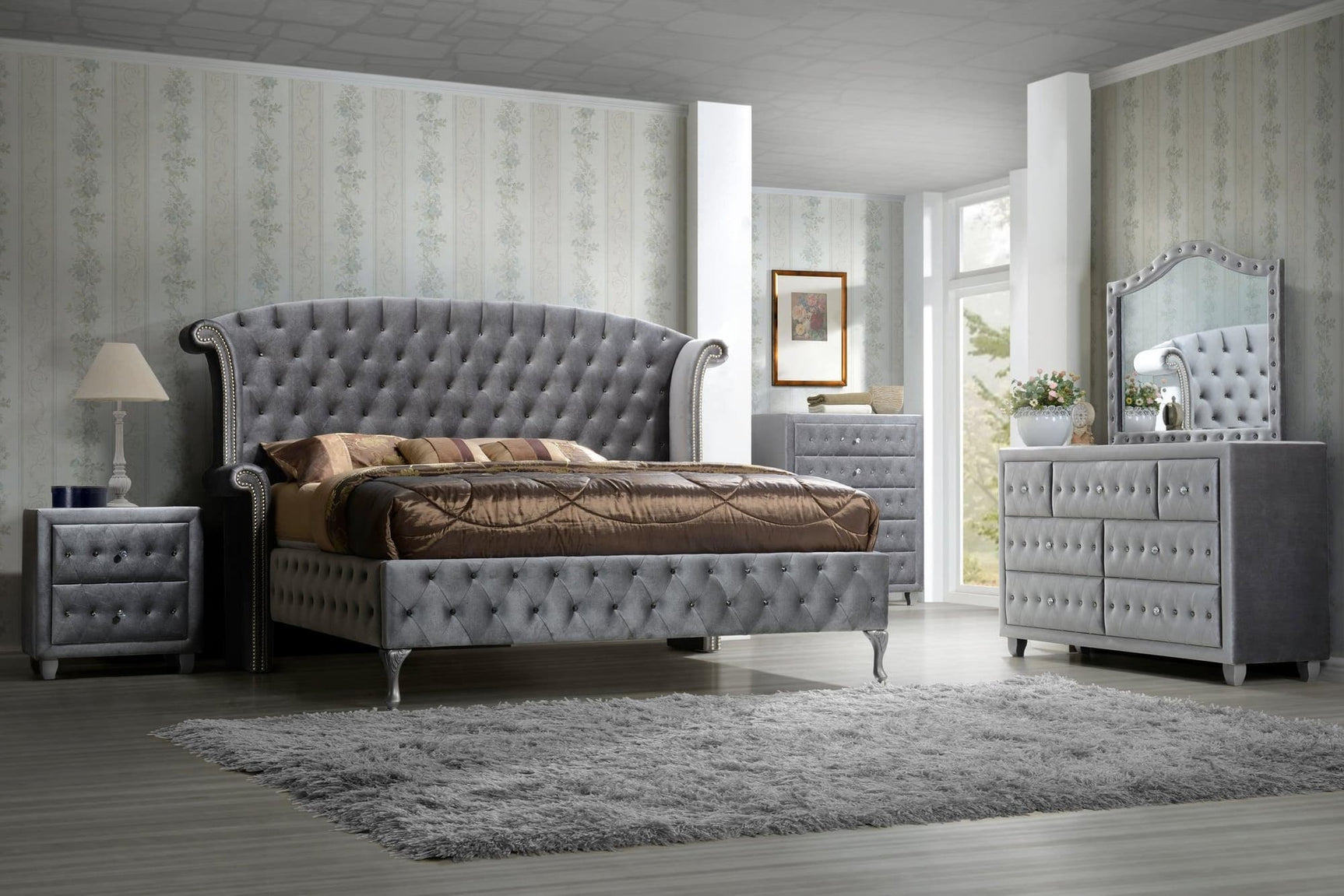 Diamond Palace Gray Bedroom Set - Ella Furniture