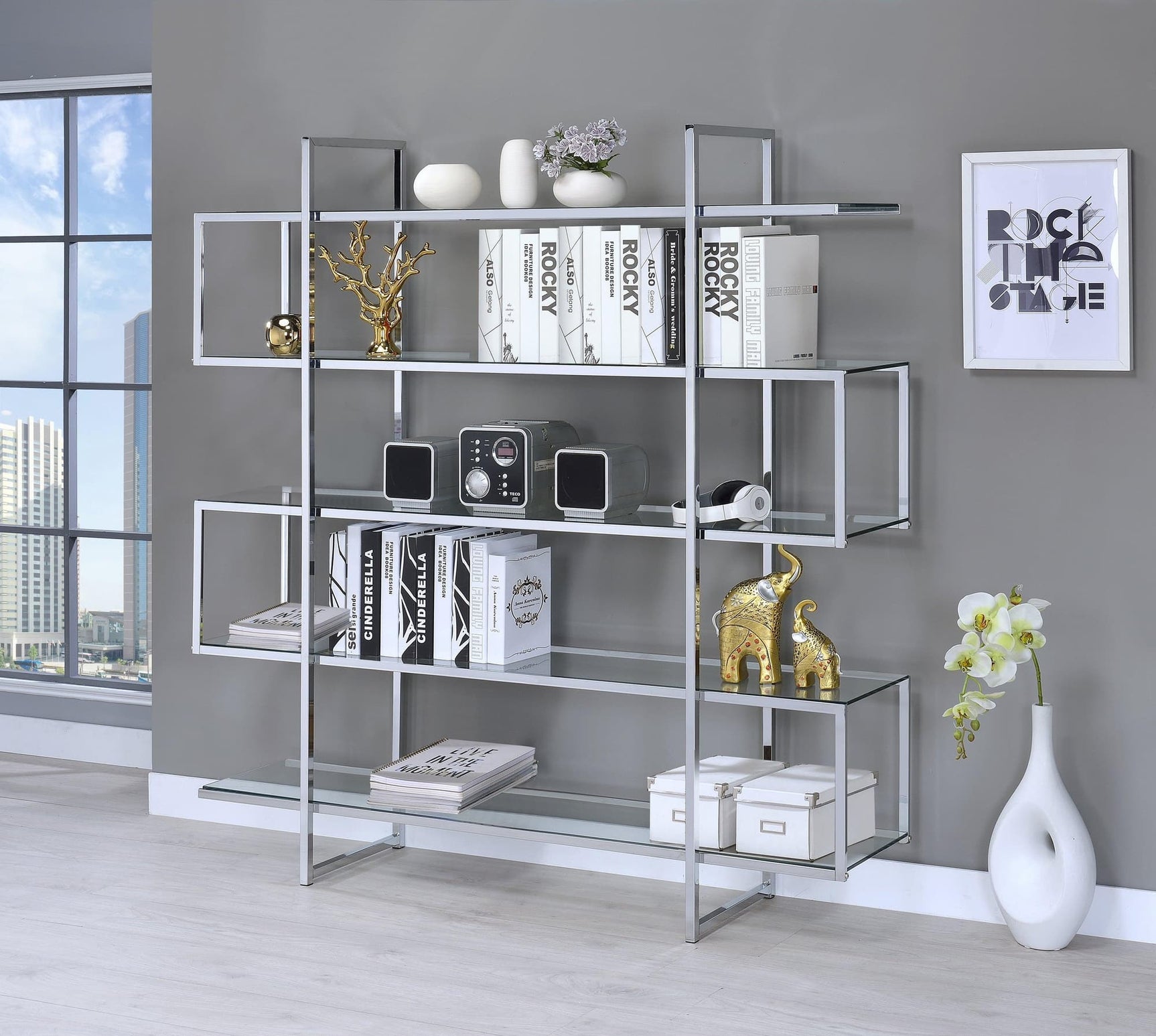 5-Shelf Bookcase Chrome And Clear - Ella Furniture