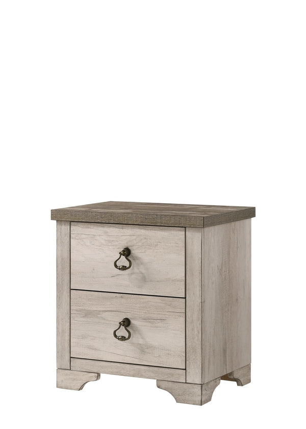 Patterson Night Stand Driftwood, Sleek And Modern Wood, Metal Ring 2 Drawers - Ella Furniture